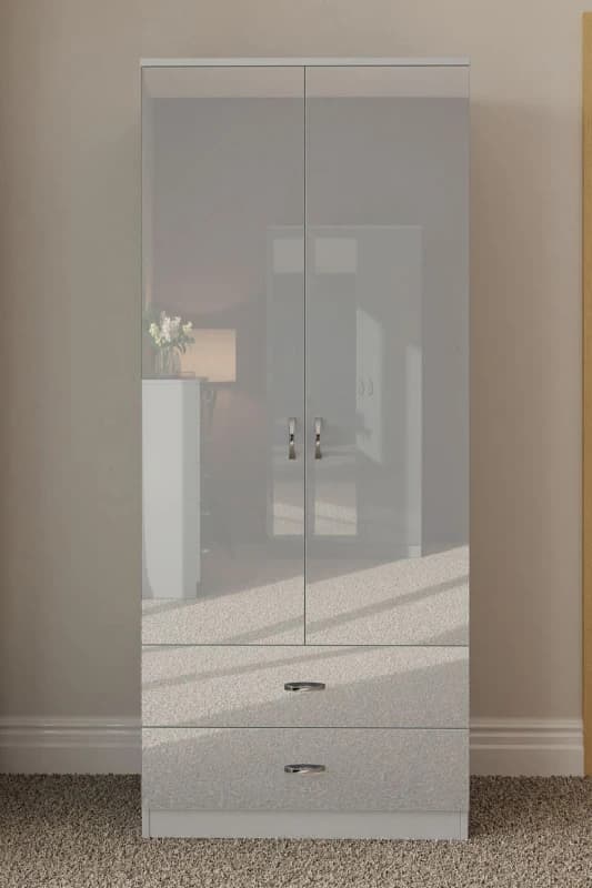 FWStyle FWStyle High Gloss 2 Door 2 Drawer Combination Double Wardrobe in Grey Grey One Size Male 5056413121134