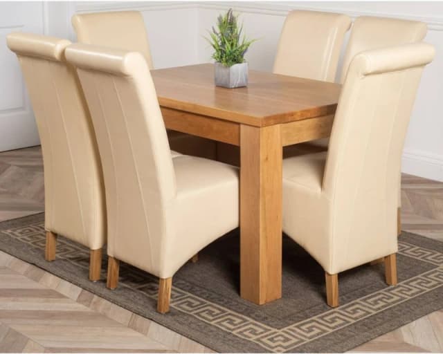 Thats Furniture Dakot 127 x 82cm Oak Small Dining Table & 6 Montana Leather Chairs in Cream Size: 127 x 82cm Cream Unisex 127 x 82 cm