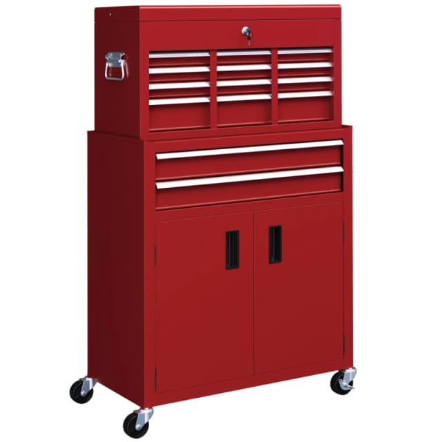 HOMCOM Top Chest and Roller Cabinet Combo Metal Tool Cabinet on Wheels Red - Homcom 5056725588823