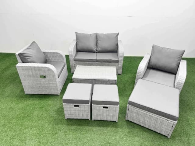 Fimous Light Grey PE Wicker Rattan Garden Furniture Set Sofa Set Reclining Adjustable Chair Rectangular Coffee Table 7 Seater 3 Small Stools Light Gre