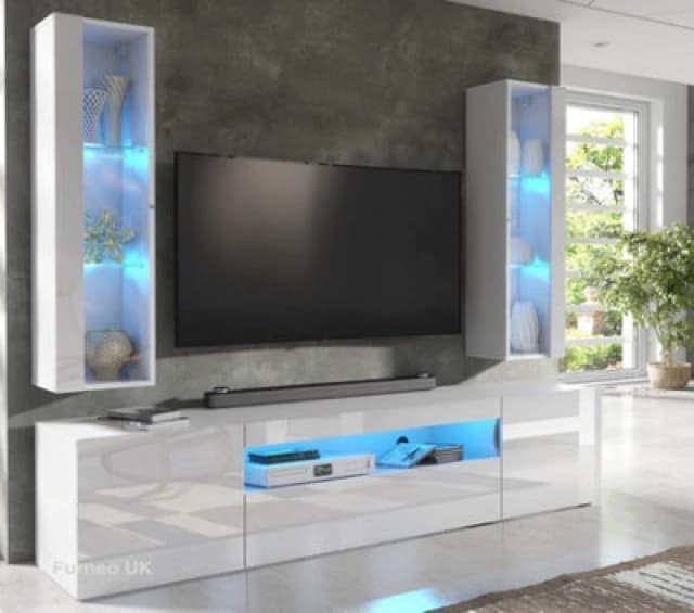 Furneo High Gloss & Matt White Living Room Set TV Stand Display Cabinets Artclif 8 Blue LED Lights