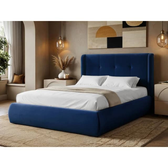 Solace+Co Monte Midnight Velvet Winged Button Headboard Ottoman Bed in Blue Size: King Blue Unisex King