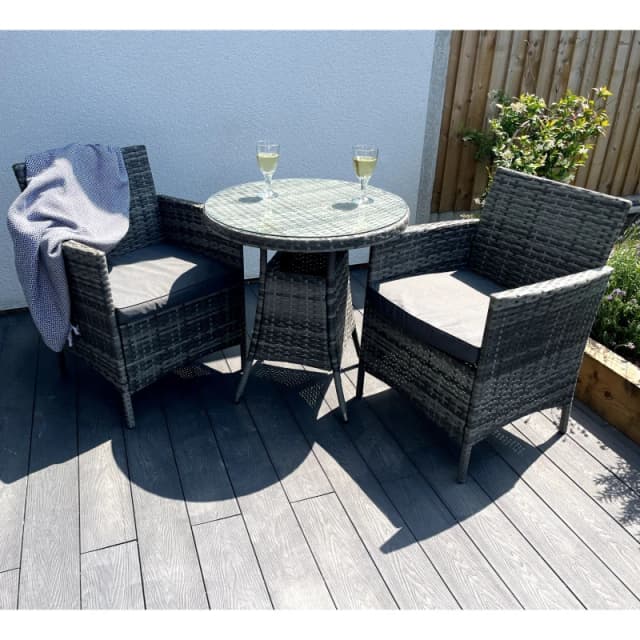 Outdoor Living Amazon Wicker Rattan Natural Bistro Set with outdoor cushion in Grey Grey Unisex
