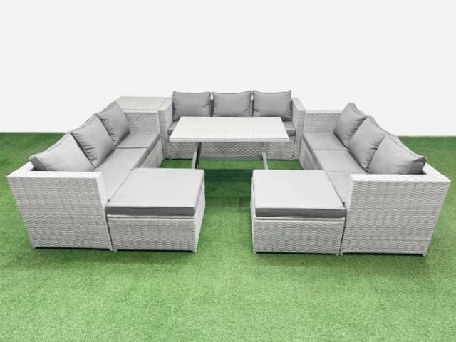 Fimous 11 Seat Patio PE Rattan Garden Furniture with Side Table 2 Big Stools in Light Grey Light Grey Unisex
