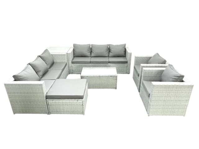 Fimous Outdoor Rattan Sofa Garden Furniture Set with 2 Armchairs Oblong Coffee Table Big Footstool Side Table Light Grey Mixed Light Grey