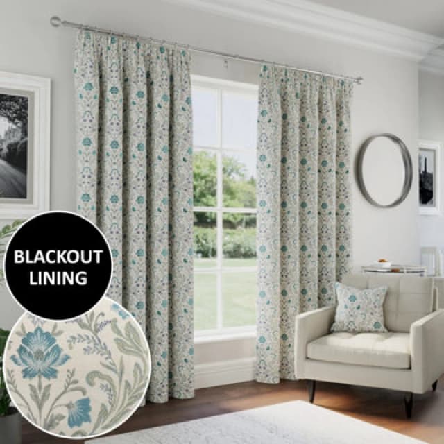 Enhanced Living Cotswold Floral 100% Blackout Tape Top Curtains - Blue Blue 90x108in