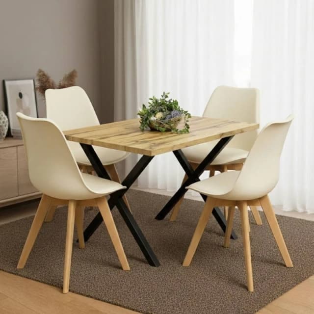Kosy Koala Stone Effect Dining Table Set Of 4 Cream Plastic Chairs With Faux Leather Padded Seats