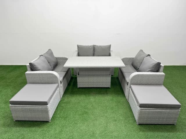 Fimous 8 Seater PE Wicker Rattan Furniture Sofa Sets with Adjustable Lifting Dining or Coffee Table 2 Seater Love Sofa 2 Big Footstool Light Grey Ligh