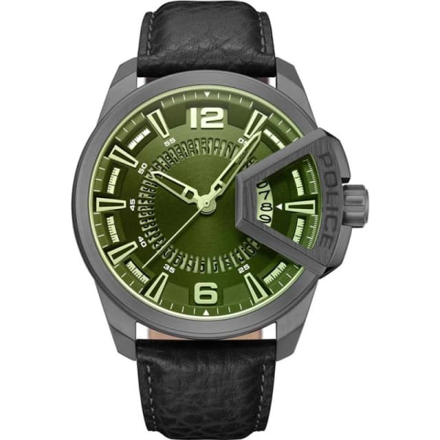 Police Underlined Black Leather Strap Watch - W44143