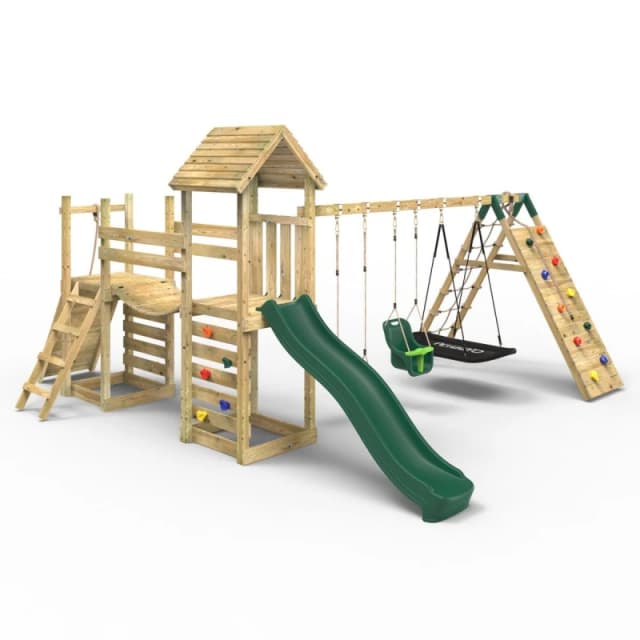 OutdoorToys Double Garden Tower Climbing Frame with Flexible Bridge, Swing & Slide for Kids - Sanford in Beige Beige Unisex