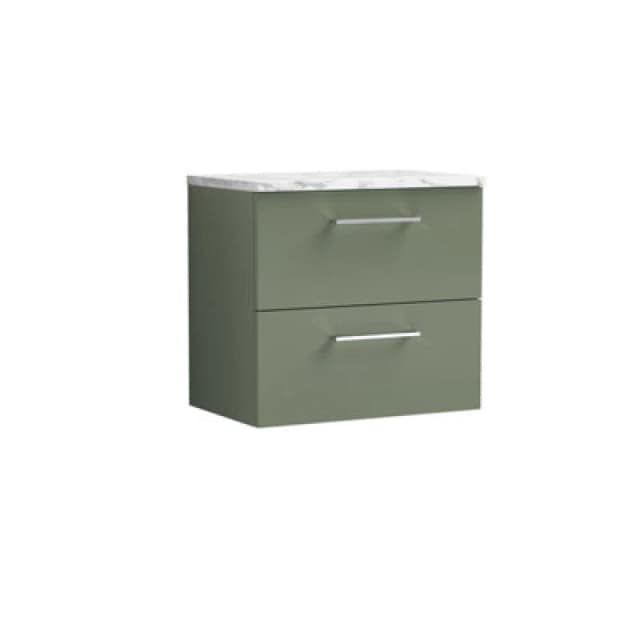Nuie Arno Wall Hung 2-Drawer Vanity Unit With Laminate Worktop In Satin Green Premium Counter Top Vanity Unit In Satin Green