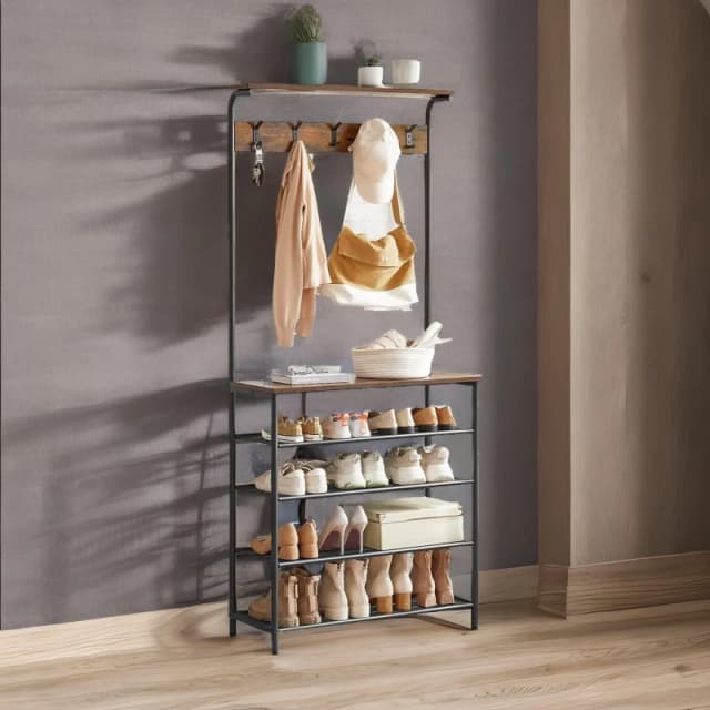 Rafaelo Mobilia Industrial Rustic Hallway Tree Coat Stand With 5 Tier Shoe Rack in Dark Brown Dark Brown Unisex