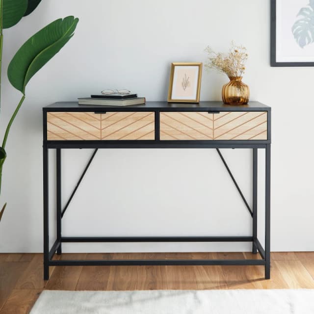 Vonhaus Chevron Console Table, Black & Light Wood Effect Hallway Table, 2 Drawer Entryway Hall Table With Metal Frame, Dalton