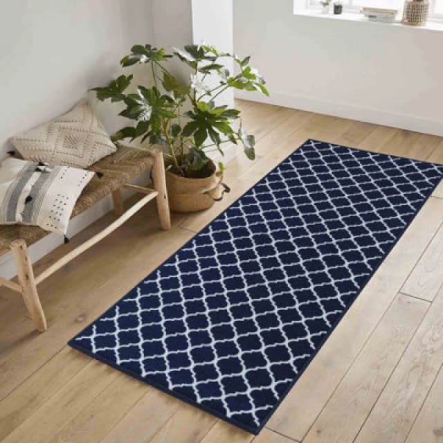 Machine Washable Trellis Design Anti Slip Doormats Navy 67X220 Cm
