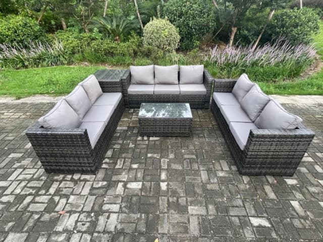 Fimous 9 Seater Outdoor Lounge Sofa Set Wicker PE Rattan Garden Furniture Set with Oblong Coffee Table Side Table Dark Grey Mixed Dark Grey