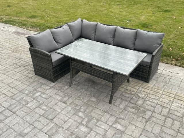 Fimous Outdoor Rattan Garden Furniture Corner Sofa Set with Rectangular Dining Table Patio Wicker Rattan Set in Dark Grey Dark Grey Unisex