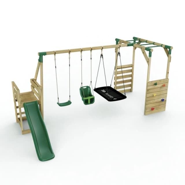 Rebo Swing Set with Baby Seat, Boat Swing, Monkey Bars and Slide - Halley Green Green