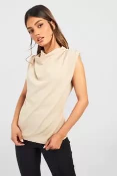 Cowl Neck Crepe Shoulder Pad Blouse