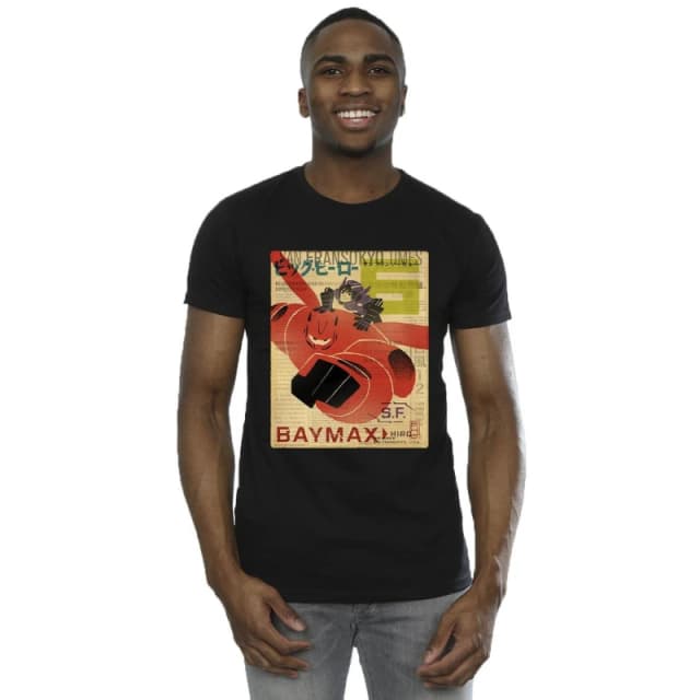 Disney Men Big Hero 6 Baymax Flying Baymax Newspaper T-Shirt in Black Size: Small Black S Male 5059934865280