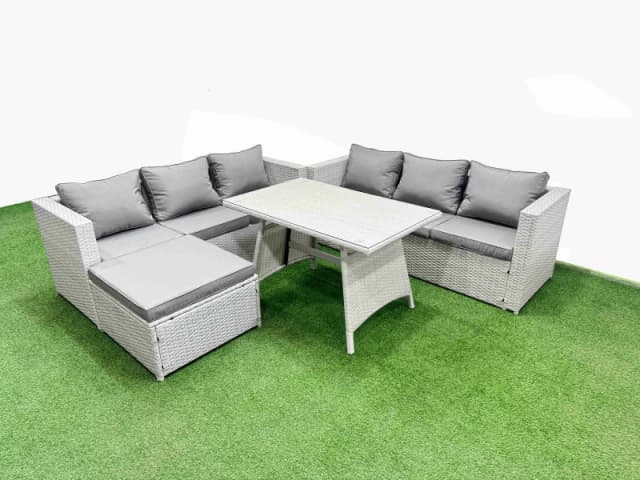 Fimous 7-seater Patio Rectangular Table 3 Seater Sofa Set with Big Stool in Light Grey Light Grey Unisex