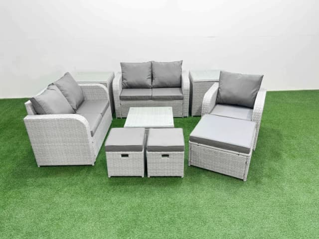 Fimous High Back Poly Rattan Garden Furniture Set with Reclining Chair Loveseat Sofa Square Coffee Table Indoor Outdoor Patio Set 3 Stools 2 Side Tab