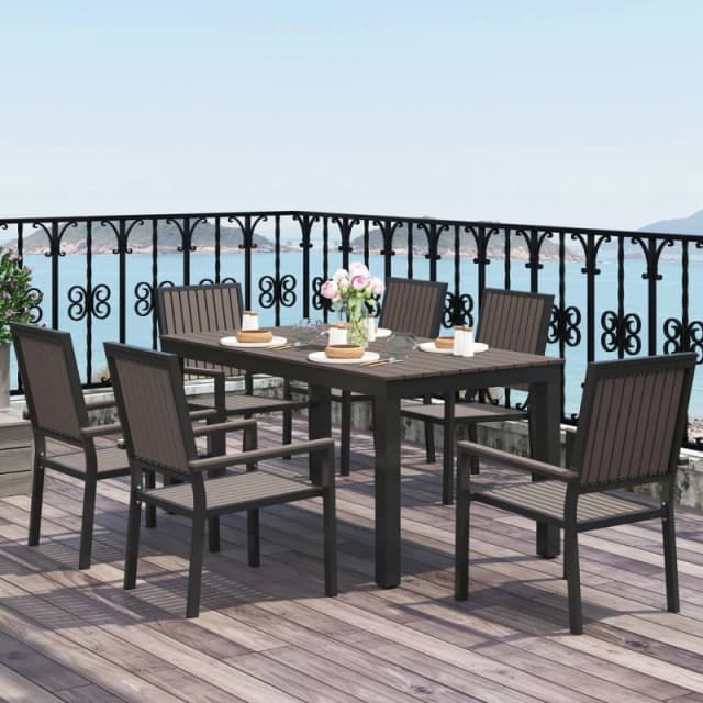 Outsunny 6 Seater Aluminium Garden Dining Set with Stackable Chairs, Brown, Brown 83A-218V00DR