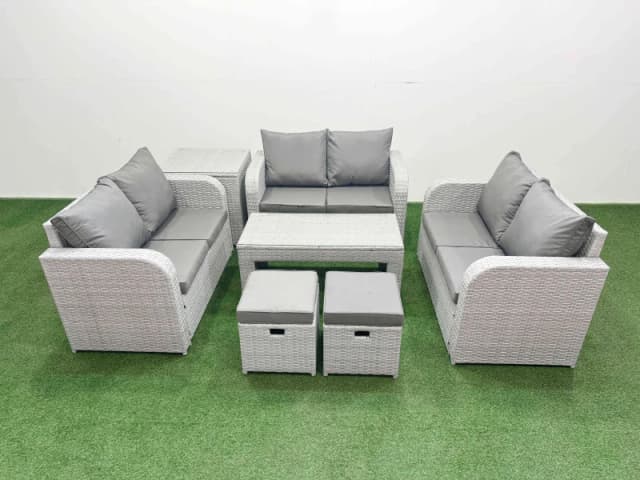 Fimous 8 Seater PE Wicker Rattan Furniture Sofa Sets with Oblong Coffee Table 2 Seater Love Sofa 2 Stool Side Table Light Grey Light Grey
