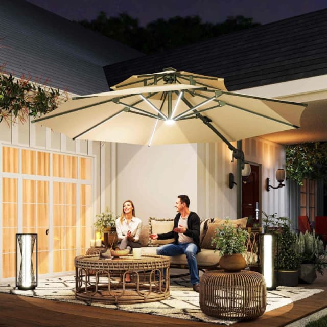 Outsunny 3(m) Cantilever Roma Parasol with LED Solar Lights, Crank & Tilt Beige - Outsunny 5056399122262