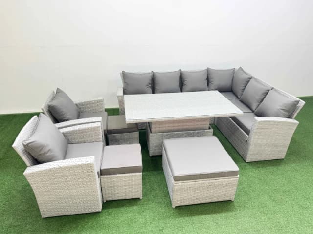 Fimous 11 Seat Rattan Garden Furniture Corner Sofa Set with Stools Light Grey Light Grey Unisex