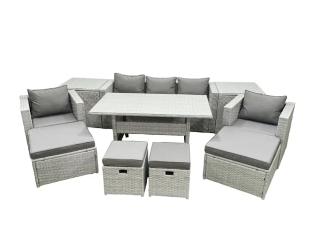 Fimous Rattan Garden Furniture Set Outdoor 9 Seater Patio Dining Sets with Glass Top Dining Table and 2 Side Tables Light Grey Mixed Light Grey