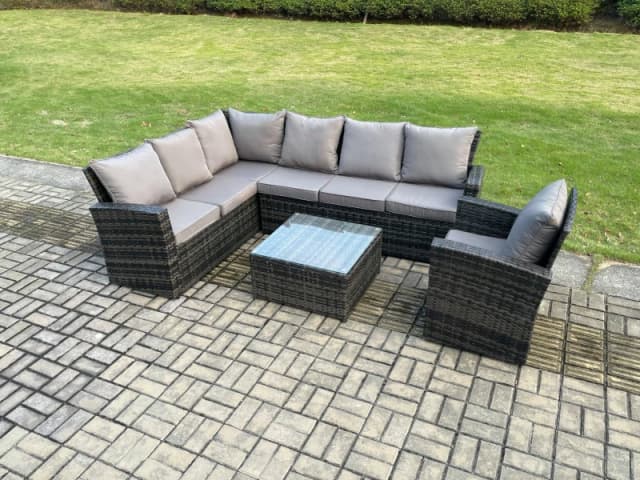 Fimous 7 Seater Outdoor Furniture Garden Dining Set Rattan Corner Sofa Set with Square Coffee Table Armchair Dark Grey Mixed Dark Grey Unisex