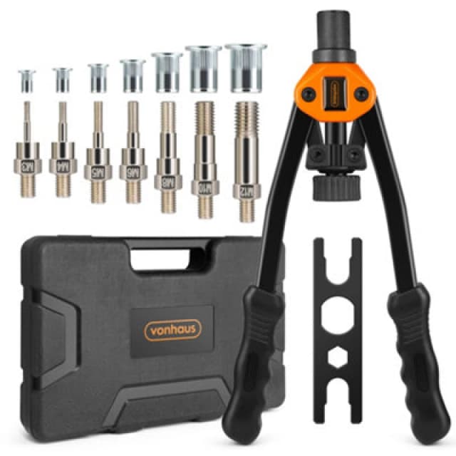 Vonhaus Rivet Nut Gun - Rivnut Tool - Hand Riveter Pliers Set - 7 Mandrels M3-M12 And 150 Pcs Assorted Rivnuts With Carrying Case