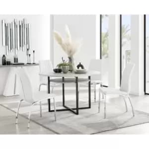 Furniturebox Adley Grey Concrete Effect 120cm Storage Dining Table & 4 White Isco Silver Leg Faux Leather Chairs