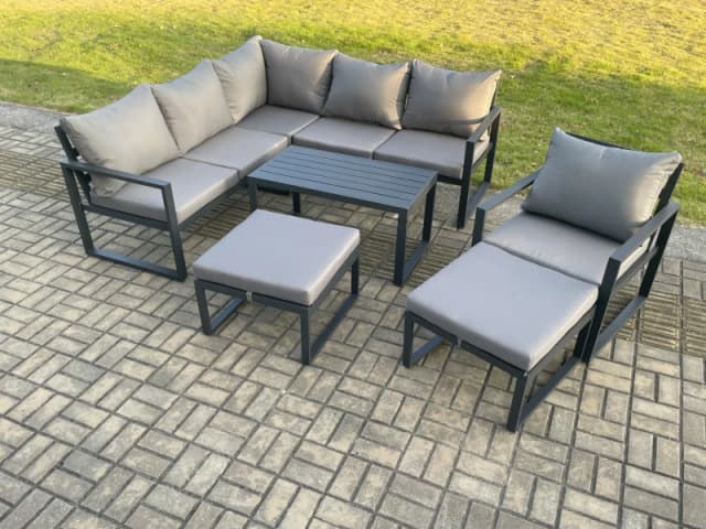 Fimous Aluminium Outdoor Garden Furniture Set Lounge Sofa Oblong Coffee Table Sets with Chair 2 Big Footstools Indoor Conservatory Set Dark Grey Dark