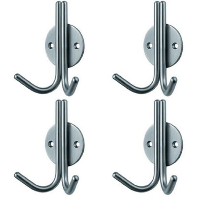 Loops 4x Slimline Double Coat Hook on Round Rose 35mm Projection Satin Stainless Steel Metallics