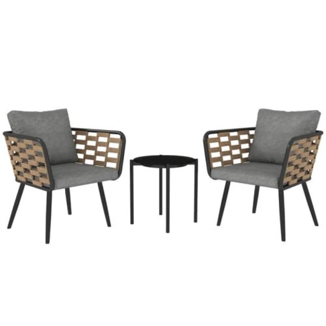 Outsunny 3 Pieces Rattan Bistro Set, Wicker Garden Furniture Set w/ Cushions, Black 863-177V70BK