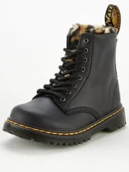 Dr Martens Girls 1460 Serena Animal Faux Fur Lined Lace Boots - Black