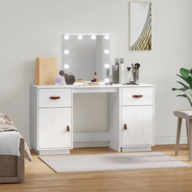vidaXL Dressing Table Set with LED White Solid Wood Pine, White 3107840