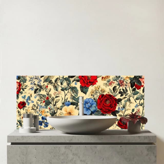 Warren Reed - Designer Vintage Roses & Buds Glass Bathroom Splashback Multicolor Unisex