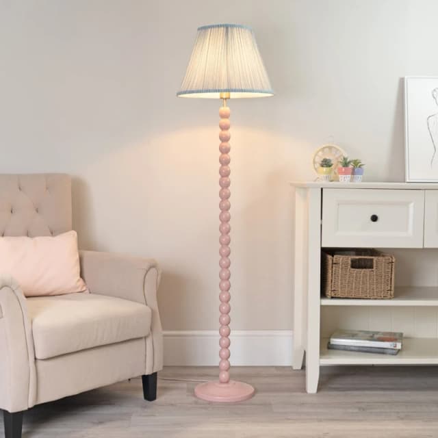 ValueLights Bobbins Painted Rose Pink Floor Lamp with Tapered Fabric Pleated Shade Blue