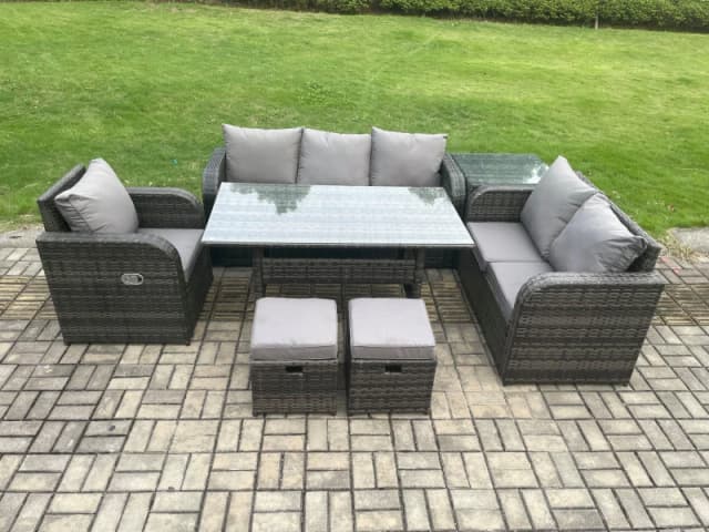Fimous 8 Seater Garden Rattan Furniture Dining Table Sofa Set Indoor Outdoor with Reclining Chairs Side Table 2 Small Footstools Dark Grey Mixed Dark