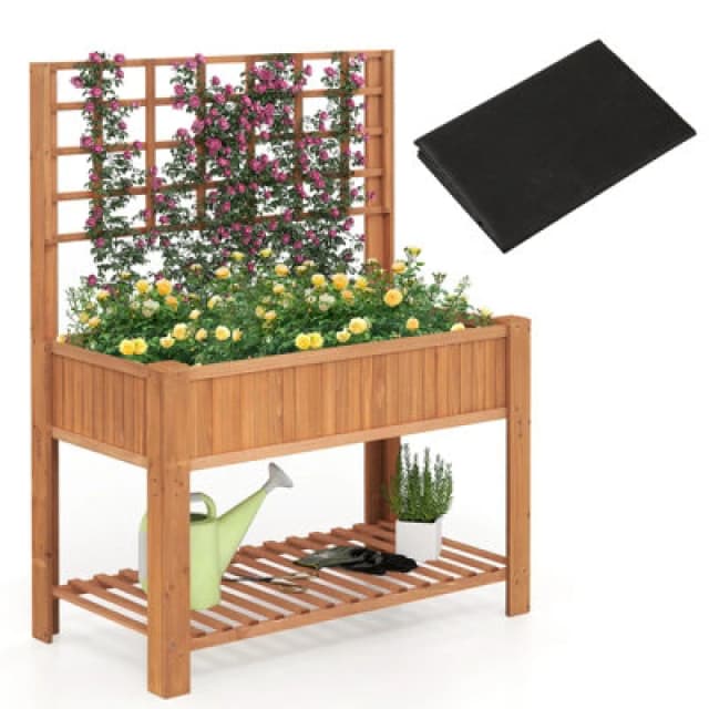 Gainoom Wooden Brown Elevated Planter Box Raised Garden Bed With Trellis