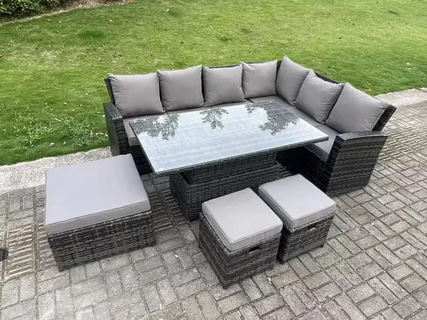 Fimous 6 Seater Outdoor Dark Grey High Back Rattan Lounge Complete Sofa Set with Adjustable Dining Table, 2 Stools and Big Footstool