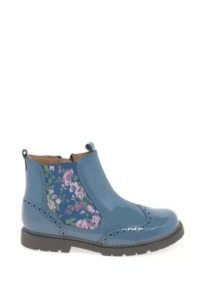 Start-rite Chelsea Blue Patent Leather Floral Girls Zip Up Pull on Boots, Blue, Size 6.5 Younger
