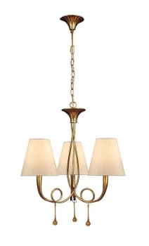 Paola Ceiling Pendant 3 Light E14, Gold Painted with Cream Shades & Amber Glass Droplets