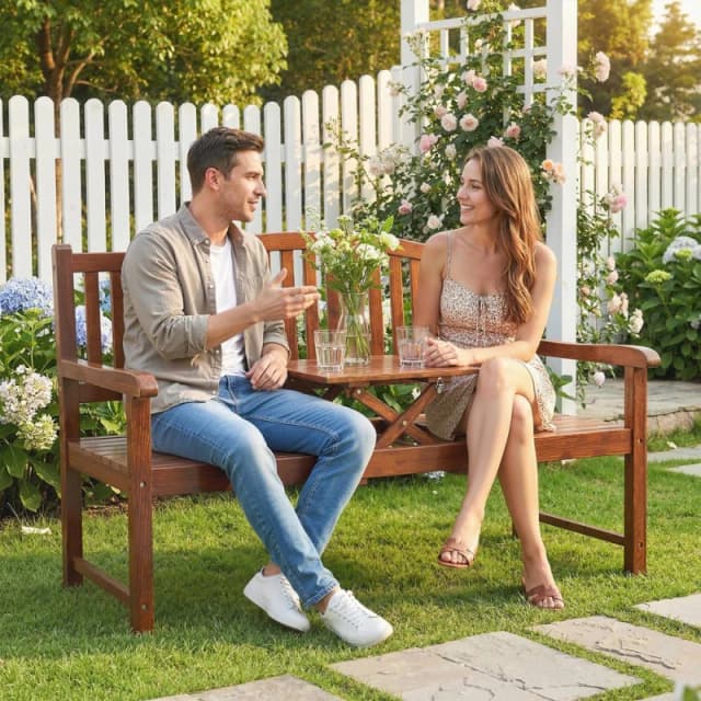 OUTSUNNY Wood Garden Loveseat Bench with Liftable Table, Cover, Light Brown Light Brown Unisex