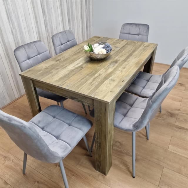 KOSY KOALA KOSY KOALA Dining Table and 6 Chairs Rustic Effect Wood Table 6 Grey Velvet Chairs Dining Room in Brown Size: 140cm x 80cm Brown 140cm x