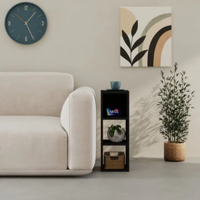 Decortie Modern Combayn 3 Cube Small Low Standing Book Shelf Contemporary Stackable Cube Storage Unit For Small Space (Black Wood)