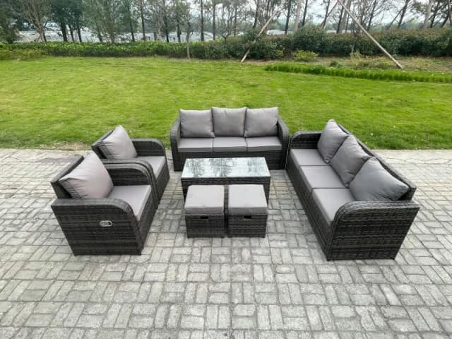 Fimous Patio Garden Furniture Sets Wicker 10 Seater Outdoor Rattan Furniture Sofa Sets with Rectangular Coffee Table Reclining Chair Footstools Dark G