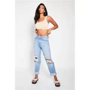 I Saw It First Light Wash Distressed Knee Roll Hem Mom Jeans - Blue